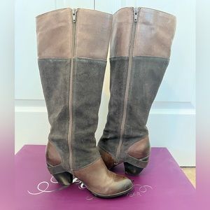 Fergie Tall Suede Boots Side Zip Cute Buckle Detail Two Tones Brown